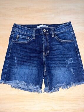 KanCan Dark Blue Frayed Hem Denim Shorts